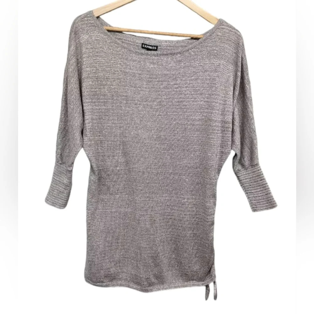 Express Metallic Silver Striped Sweater Dolman 3/4 Sleeve Scrunch Tie Size XS
